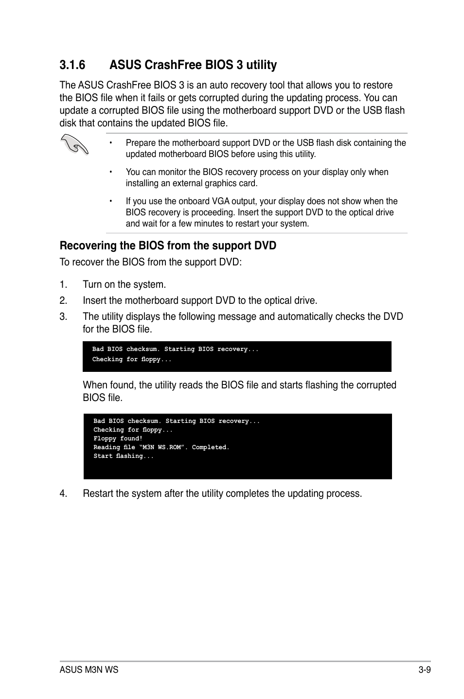 6 asus crashfree bios 3 utility, Asus crashfree bios 3 utility -9, Recovering the bios from the support dvd | Asus M3N WS User Manual | Page 77 / 162