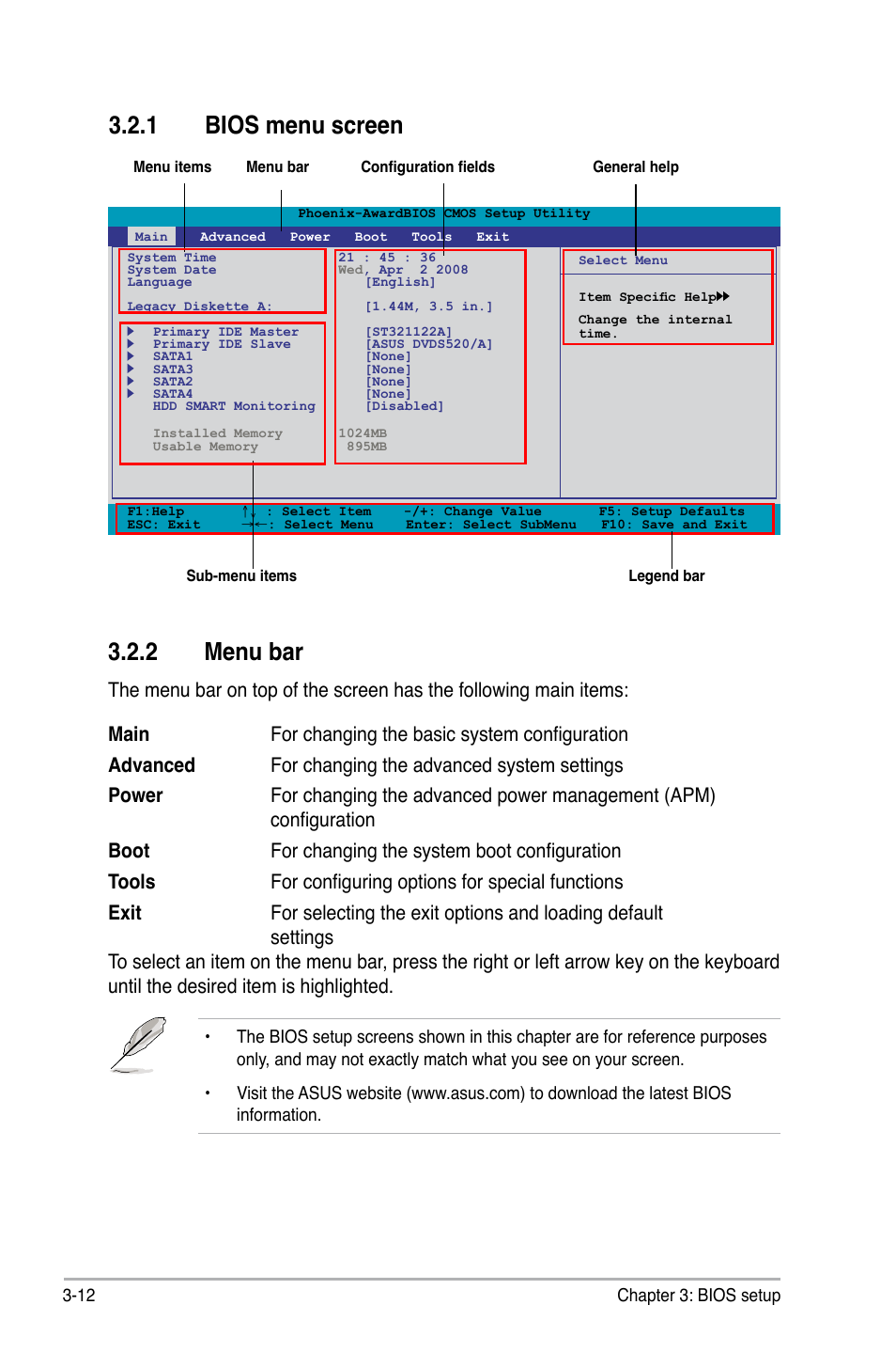 1 bios menu screen, 2 menu bar, Bios menu screen -12 | Menu bar -12, 1 bios menu screen 3.2.2 menu bar | Asus M3N WS User Manual | Page 80 / 162