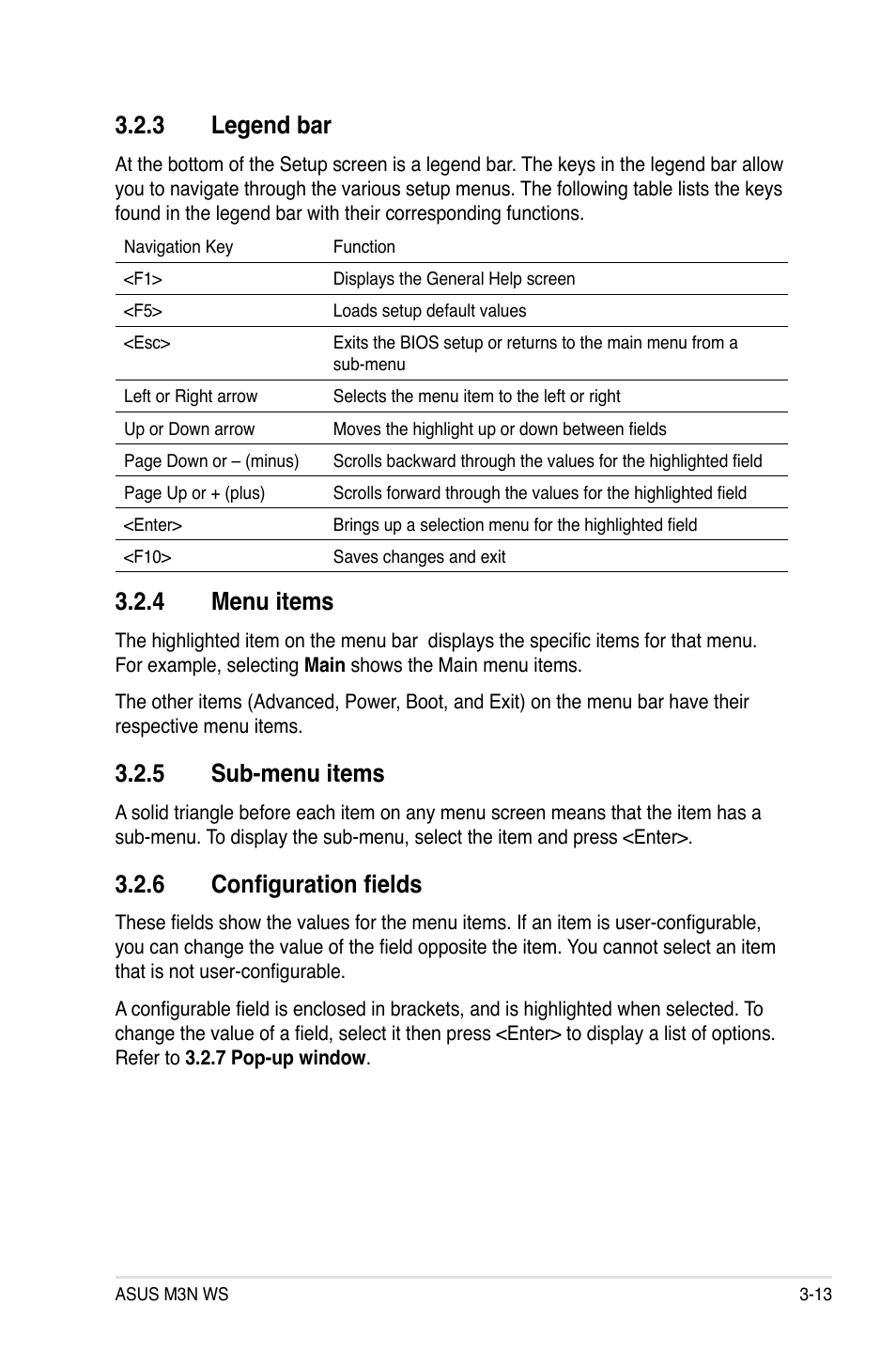 3 legend bar, 4 menu items, 5 sub-menu items | 6 configuration fields, Legend bar -13, Menu items -13, Sub-menu items -13, Configuration fields -13 | Asus M3N WS User Manual | Page 81 / 162