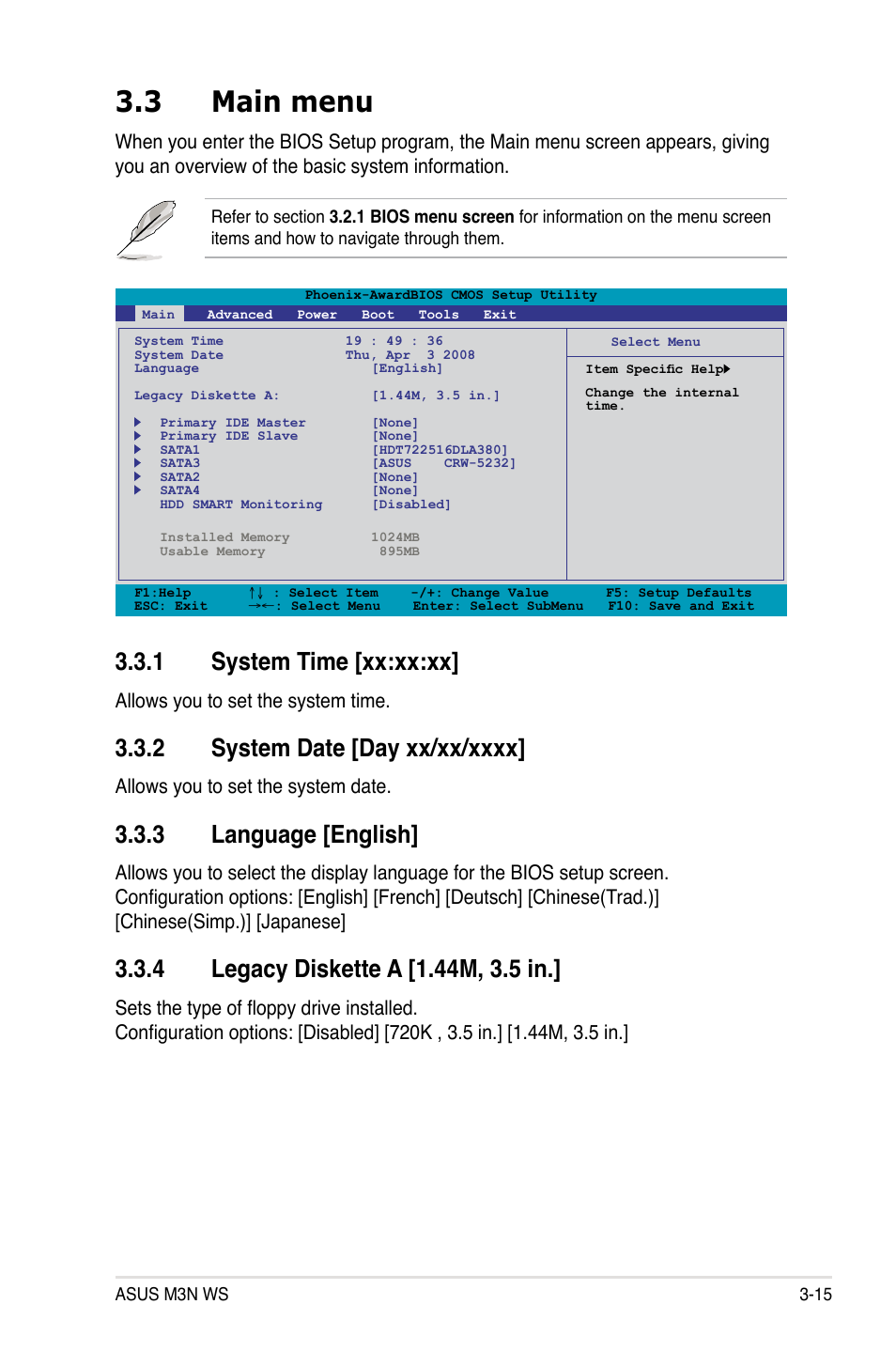 3 main menu, 1 system time [xx:xx:xx, 2 system date [day xx/xx/xxxx | 3 language [english, 4 legacy diskette a [1.44m, 3.5 in, Main menu -15 3.3.1, System time -15, System date -15, Language -15, Legacy diskette a -15 | Asus M3N WS User Manual | Page 83 / 162