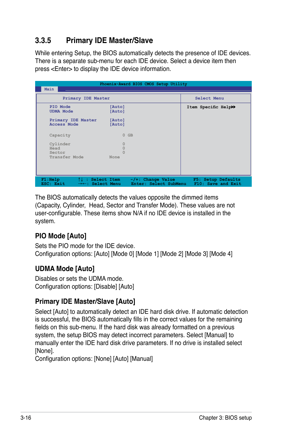 5 primary ide master/slave, Primary ide master/slave -16, Pio mode [auto | Udma mode [auto, Primary ide master/slave [auto | Asus M3N WS User Manual | Page 84 / 162