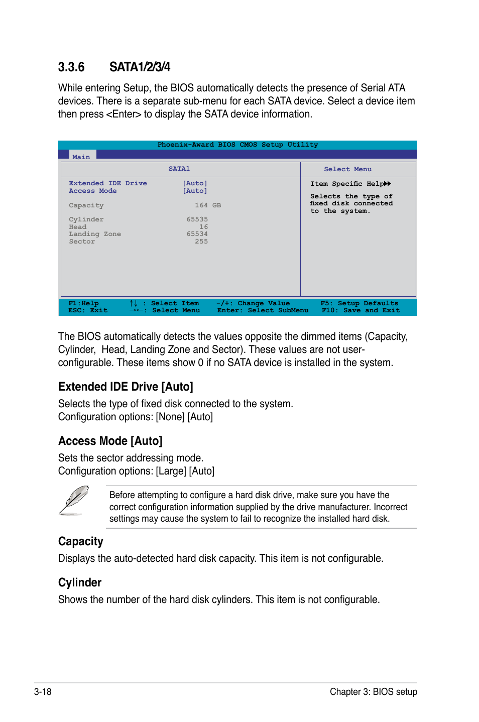 6 sata1/2/3/4, Sata1/2/3/4 -18, Extended ide drive [auto | Access mode [auto, Capacity, Cylinder | Asus M3N WS User Manual | Page 86 / 162