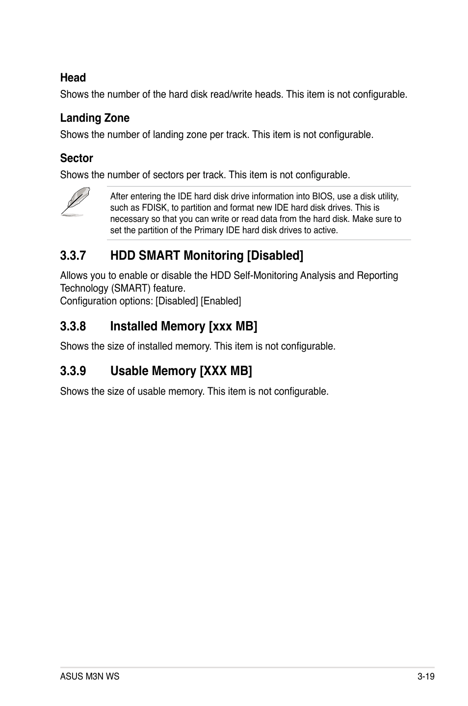 7 hdd smart monitoring [disabled, 8 installed memory [xxx mb, 9 usable memory [xxx mb | Hdd smart monitoring -19, Installed memory -19, Usable memory -19 | Asus M3N WS User Manual | Page 87 / 162