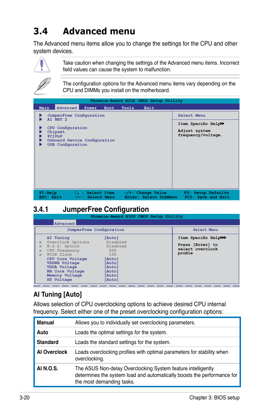 4 advanced menu, 1 jumperfree configuration, Advanced menu -20 3.4.1 | Jumperfree configuration -20, Ai tuning [auto | Asus M3N WS User Manual | Page 88 / 162