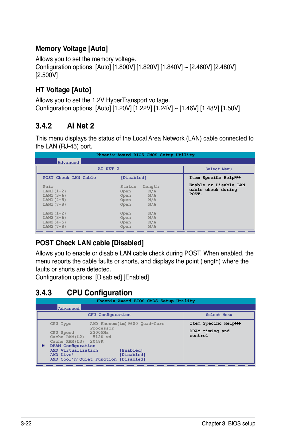 2 ai net 2, 3 cpu configuration, Ai net 2 -22 | Cpu configuration -22, Ht voltage [auto, Post check lan cable [disabled | Asus M3N WS User Manual | Page 90 / 162