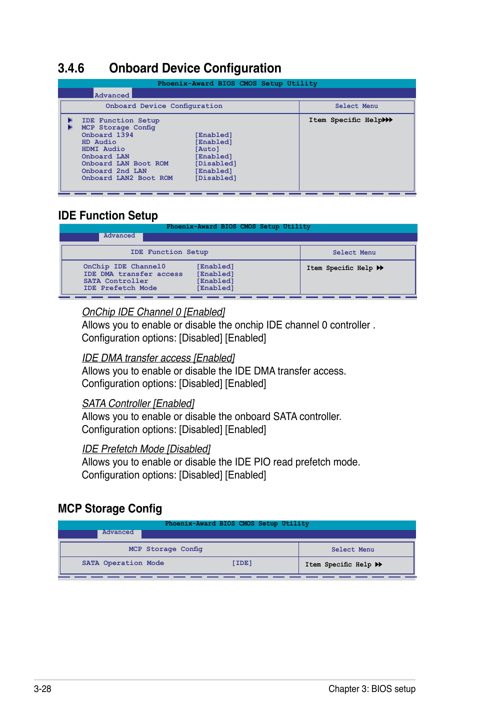 6 onboard device configuration, 6 onboard device configuration -28, Mcp storage config | Ide function setup, 28 chapter 3: bios setup | Asus M3N WS User Manual | Page 96 / 162