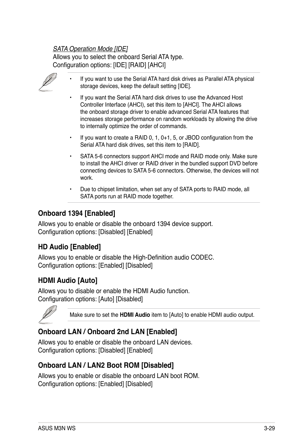 Onboard 1394 [enabled, Hd audio [enabled, Hdmi audio [auto | Onboard lan / onboard 2nd lan [enabled, Onboard lan / lan2 boot rom [disabled | Asus M3N WS User Manual | Page 97 / 162