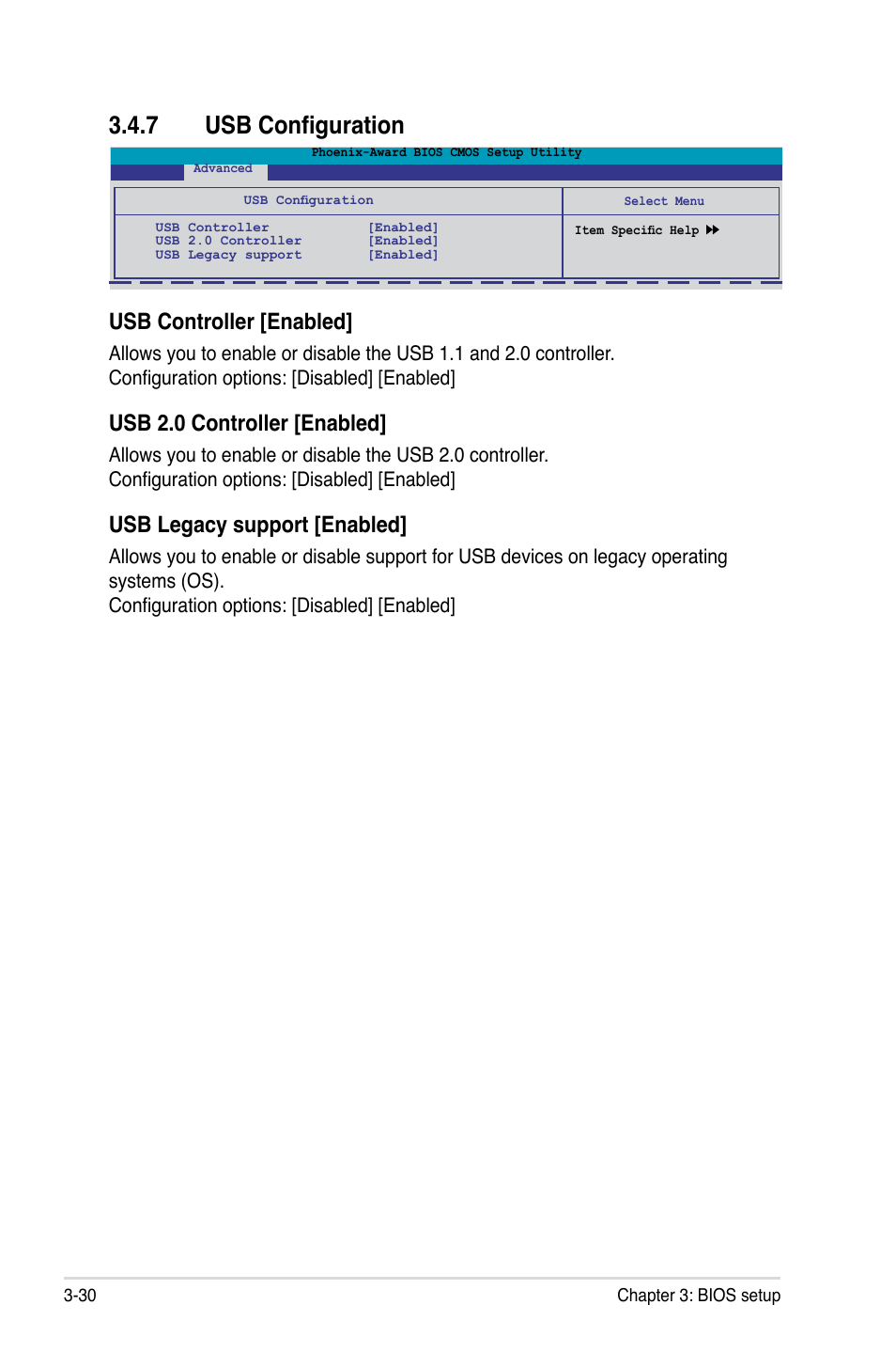 7 usb configuration, 7 usb configuration -30, Usb controller [enabled | Usb 2.0 controller [enabled, Usb legacy support [enabled | Asus M3N WS User Manual | Page 98 / 162