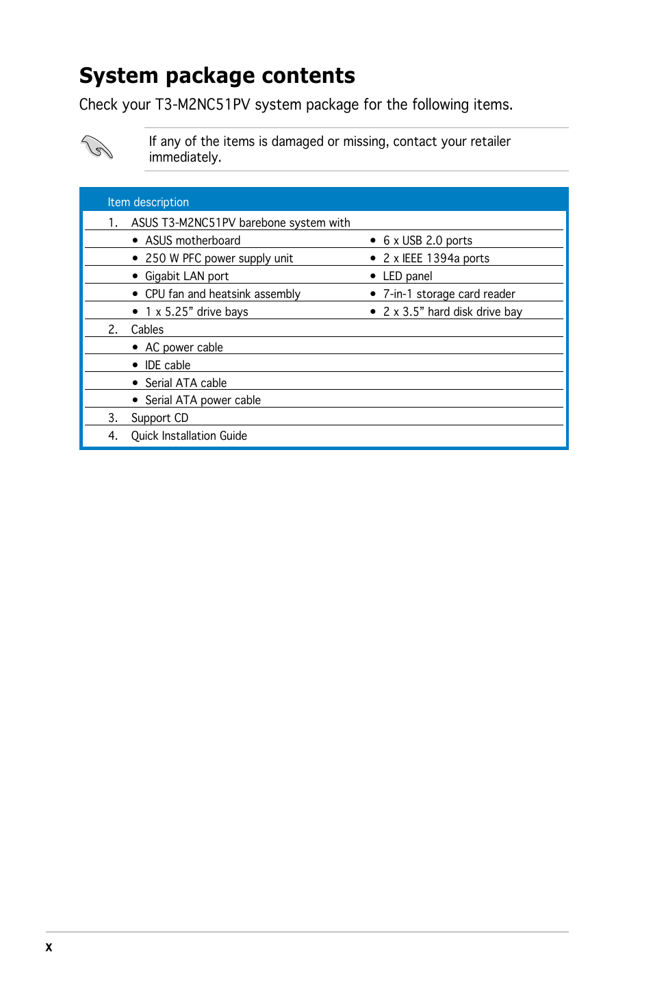 System package contents | Asus T3-M2NC51PV User Manual | Page 10 / 88