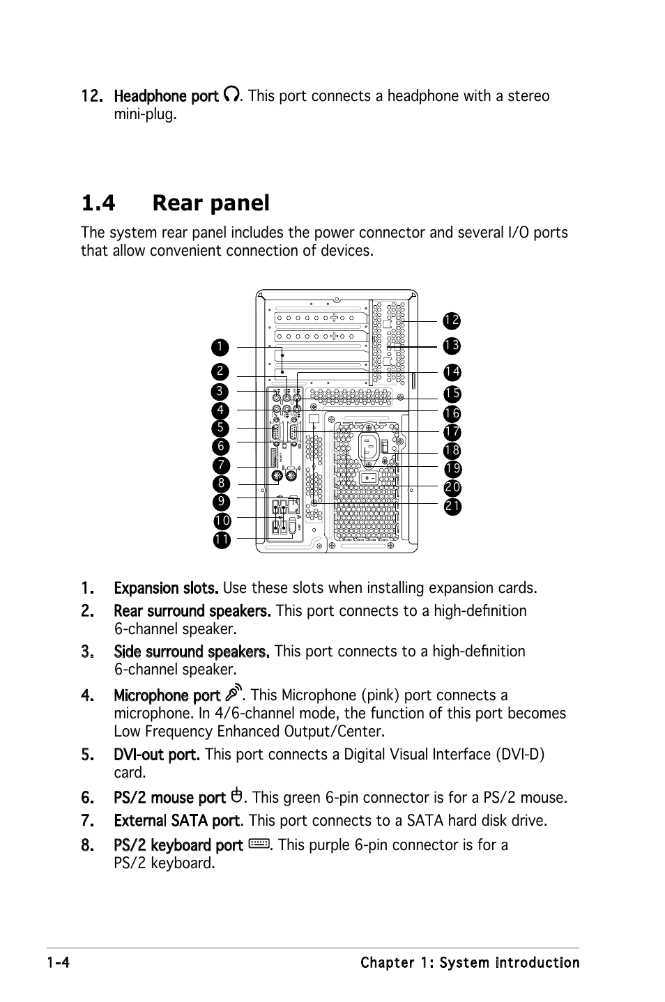 4 rear panel, 4 chapter 1: system introduction | Asus T3-M2NC51PV User Manual | Page 14 / 88