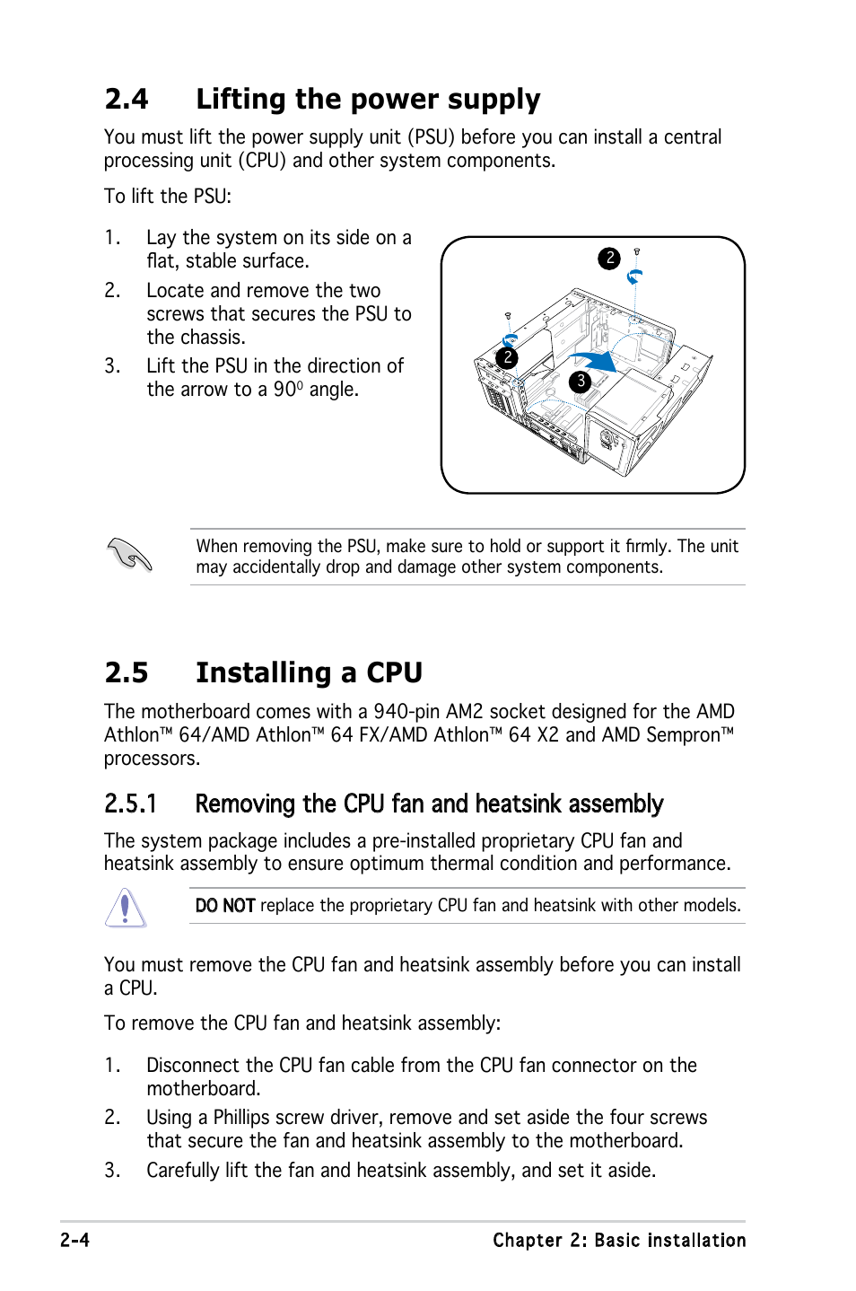 5 installing a cpu, 4 lifting the power supply, 1 removing the cpu fan and heatsink assembly | Asus T3-M2NC51PV User Manual | Page 20 / 88