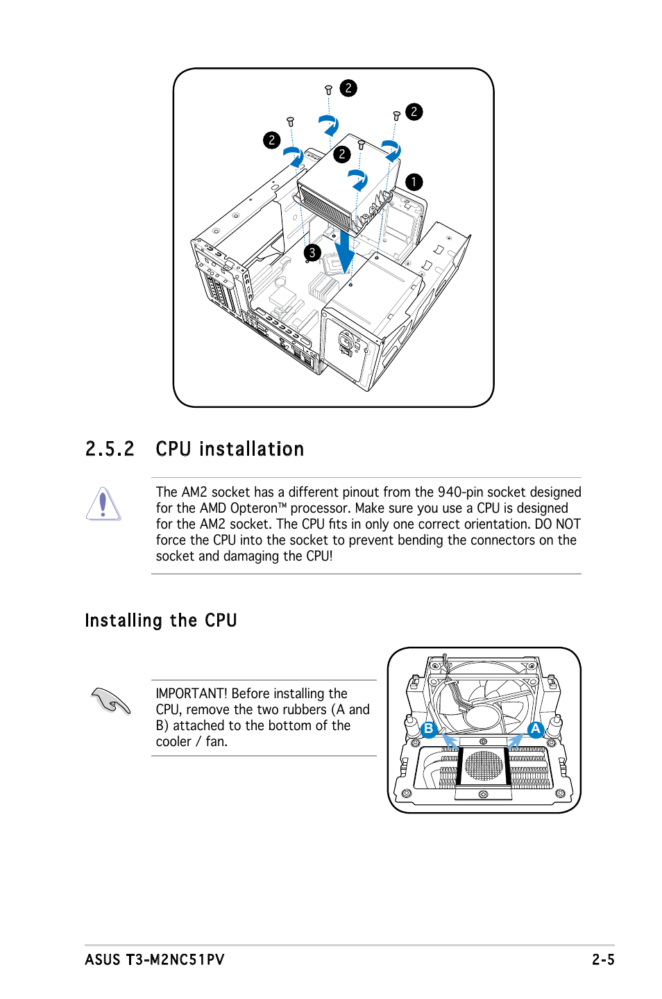 2 cpu installation, Installing the cpu | Asus T3-M2NC51PV User Manual | Page 21 / 88