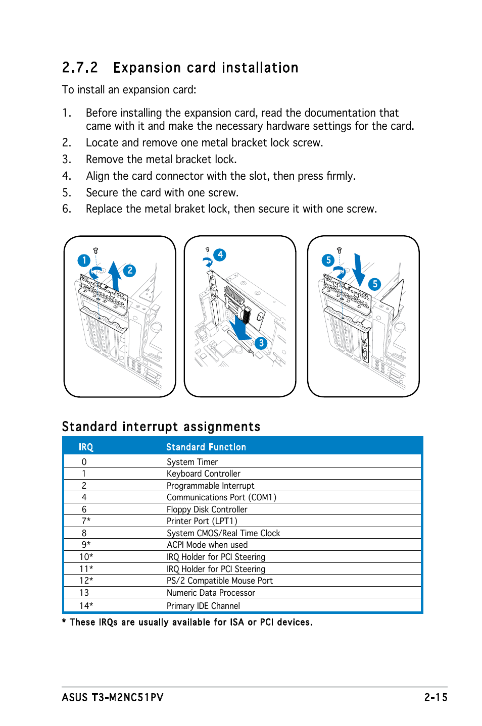 2 expansion card installation, Standard interrupt assignments | Asus T3-M2NC51PV User Manual | Page 31 / 88