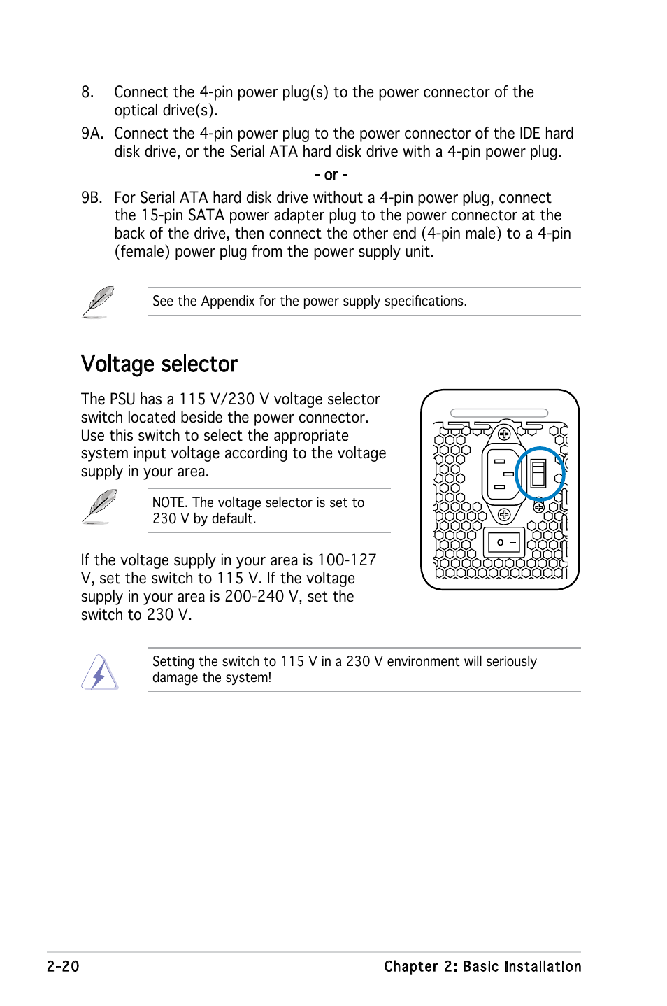 Voltage selector, 20 chapter 2: basic installation | Asus T3-M2NC51PV User Manual | Page 36 / 88