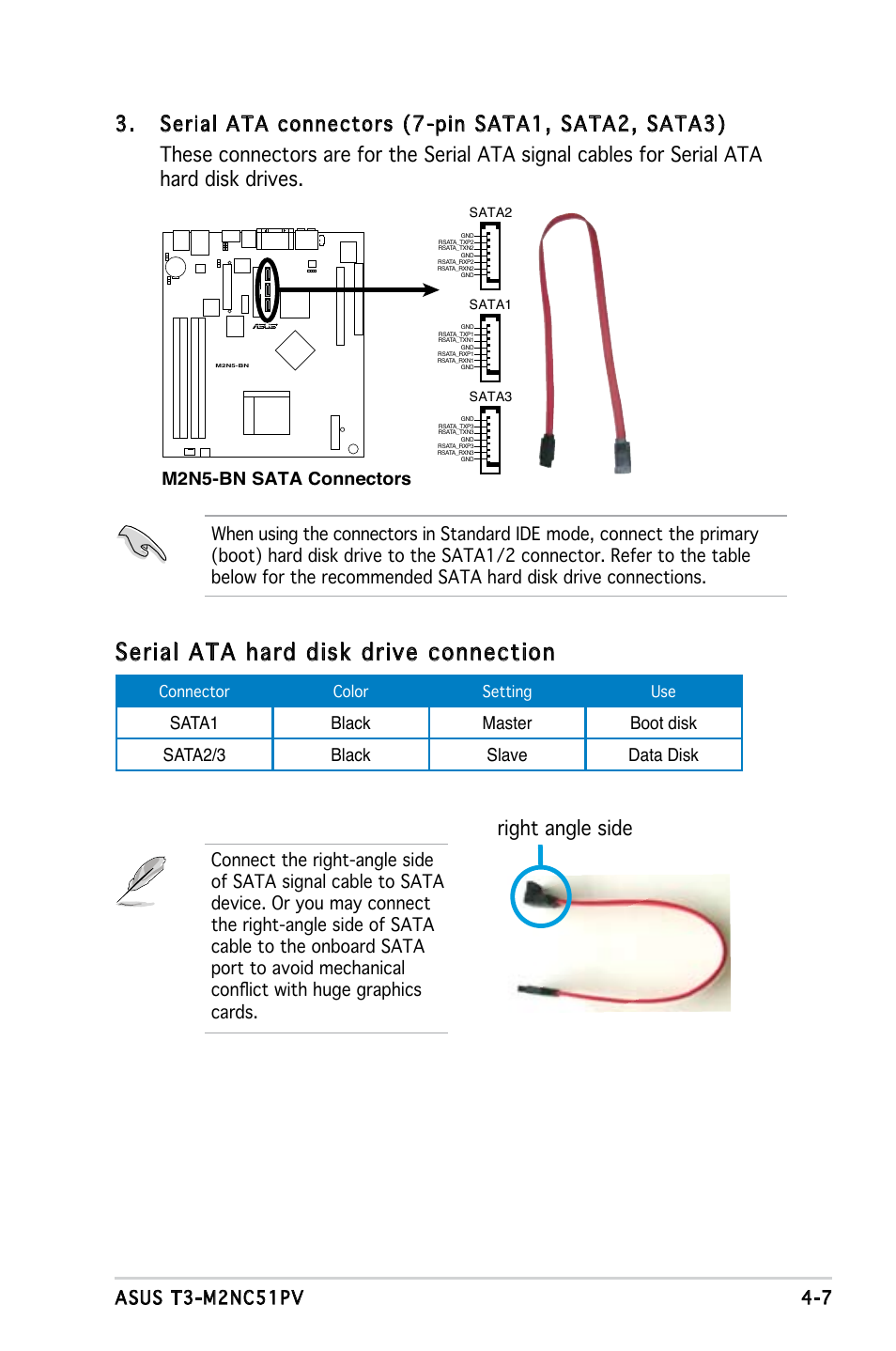 Serial ata hard disk drive connection, Right angle side, M2n5-bn sata connectors | Asus T3-M2NC51PV User Manual | Page 53 / 88