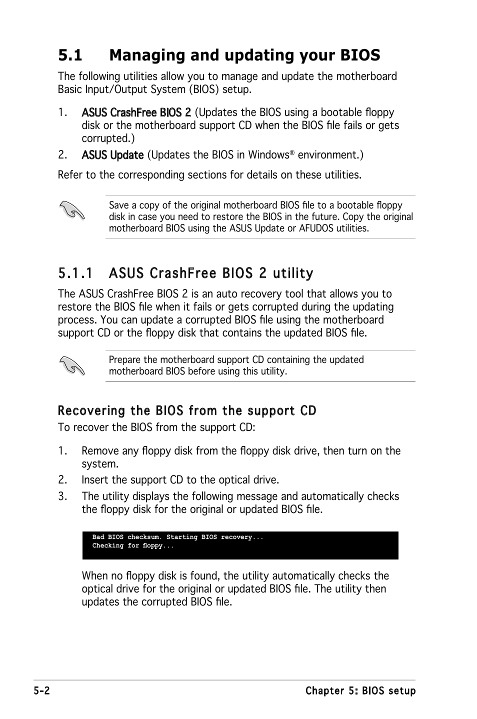 1 managing and updating your bios, 1 asus crashfree bios 2 utility | Asus T3-M2NC51PV User Manual | Page 56 / 88