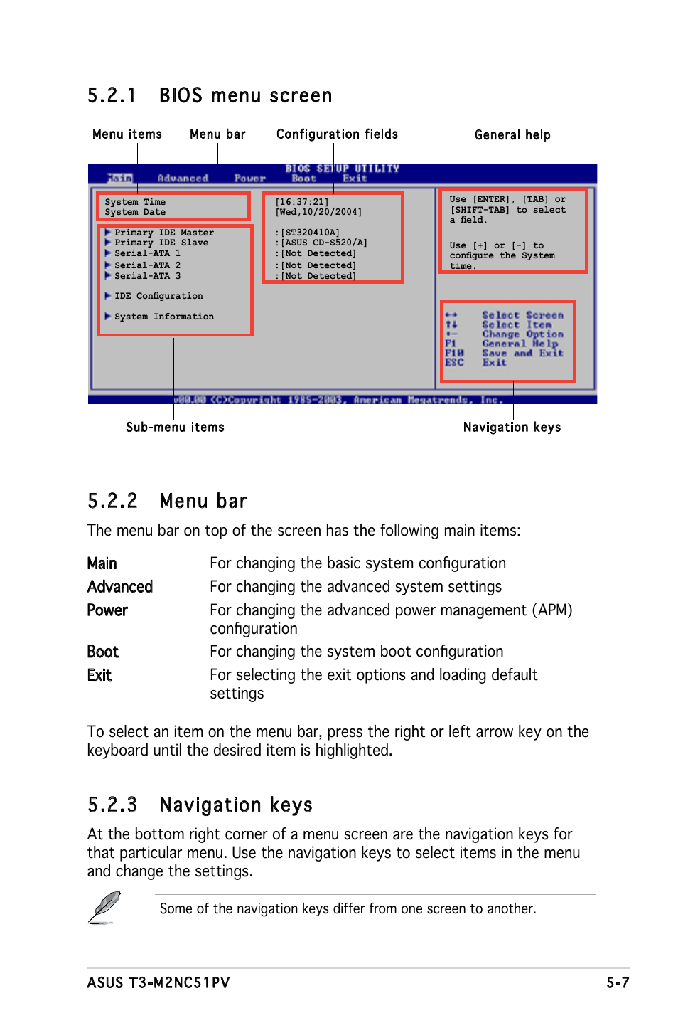 2 menu bar, 1 bios menu screen, 3 navigation keys | Asus T3-M2NC51PV User Manual | Page 61 / 88