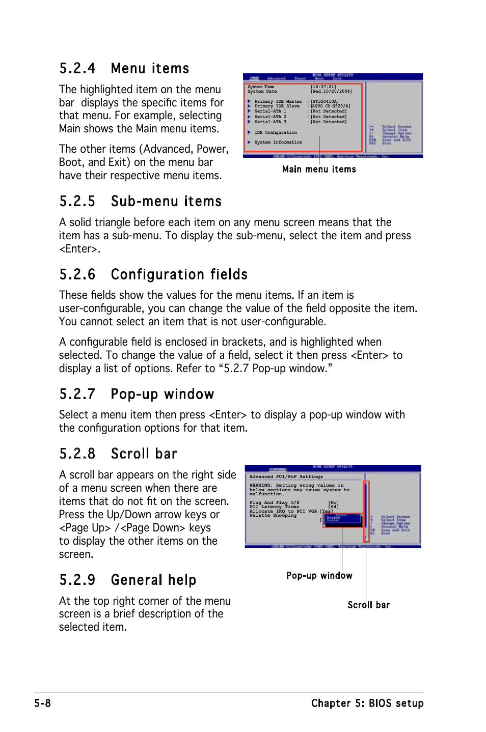 4 menu items, 5 sub-menu items, 6 configuration fields | 7 pop-up window, 8 scroll bar, 9 general help | Asus T3-M2NC51PV User Manual | Page 62 / 88