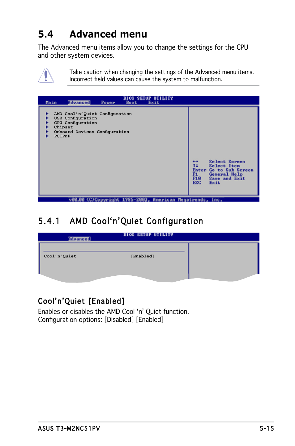 4 advanced menu, 1 amd cool‘n’quiet configuration, Cool’n’quiet [enabled | Asus T3-M2NC51PV User Manual | Page 69 / 88