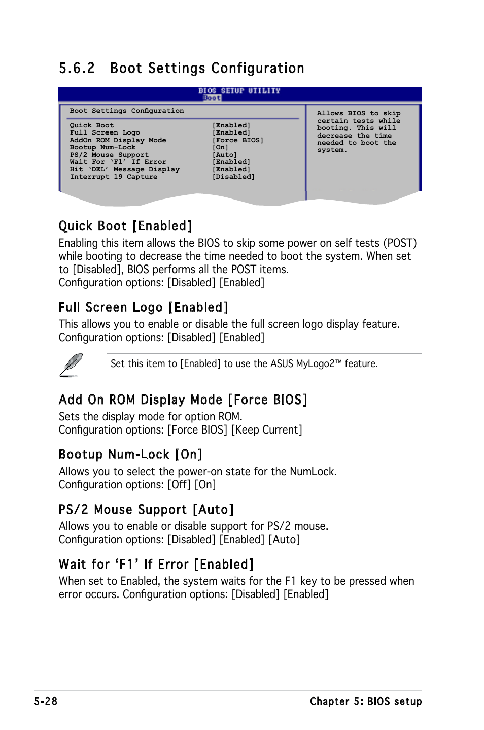 2 boot settings configuration, Quick boot [enabled, Full screen logo [enabled | Add on rom display mode [force bios, Bootup num-lock [on, Ps/2 mouse support [auto, Wait for ‘f1’ if error [enabled | Asus T3-M2NC51PV User Manual | Page 82 / 88