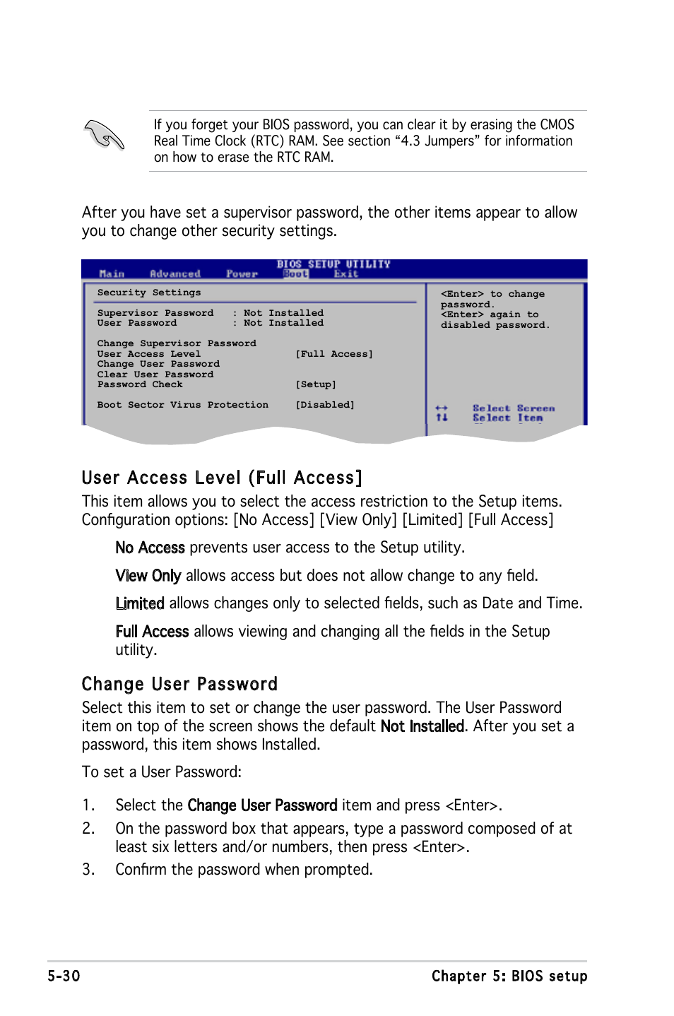 User access level (full access, Change user password | Asus T3-M2NC51PV User Manual | Page 84 / 88