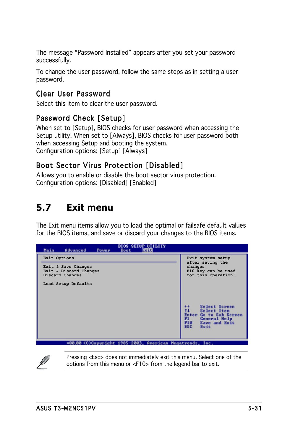 7 exit menu, Clear user password, Password check [setup | Boot sector virus protection [disabled | Asus T3-M2NC51PV User Manual | Page 85 / 88