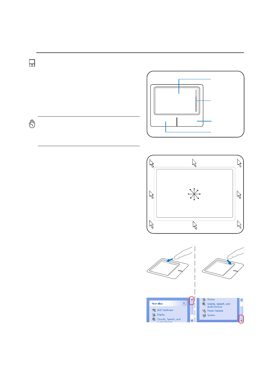 Pointing device, Using the touchpad, Scroll down scroll up | Asus E2160 User Manual | Page 37 / 74