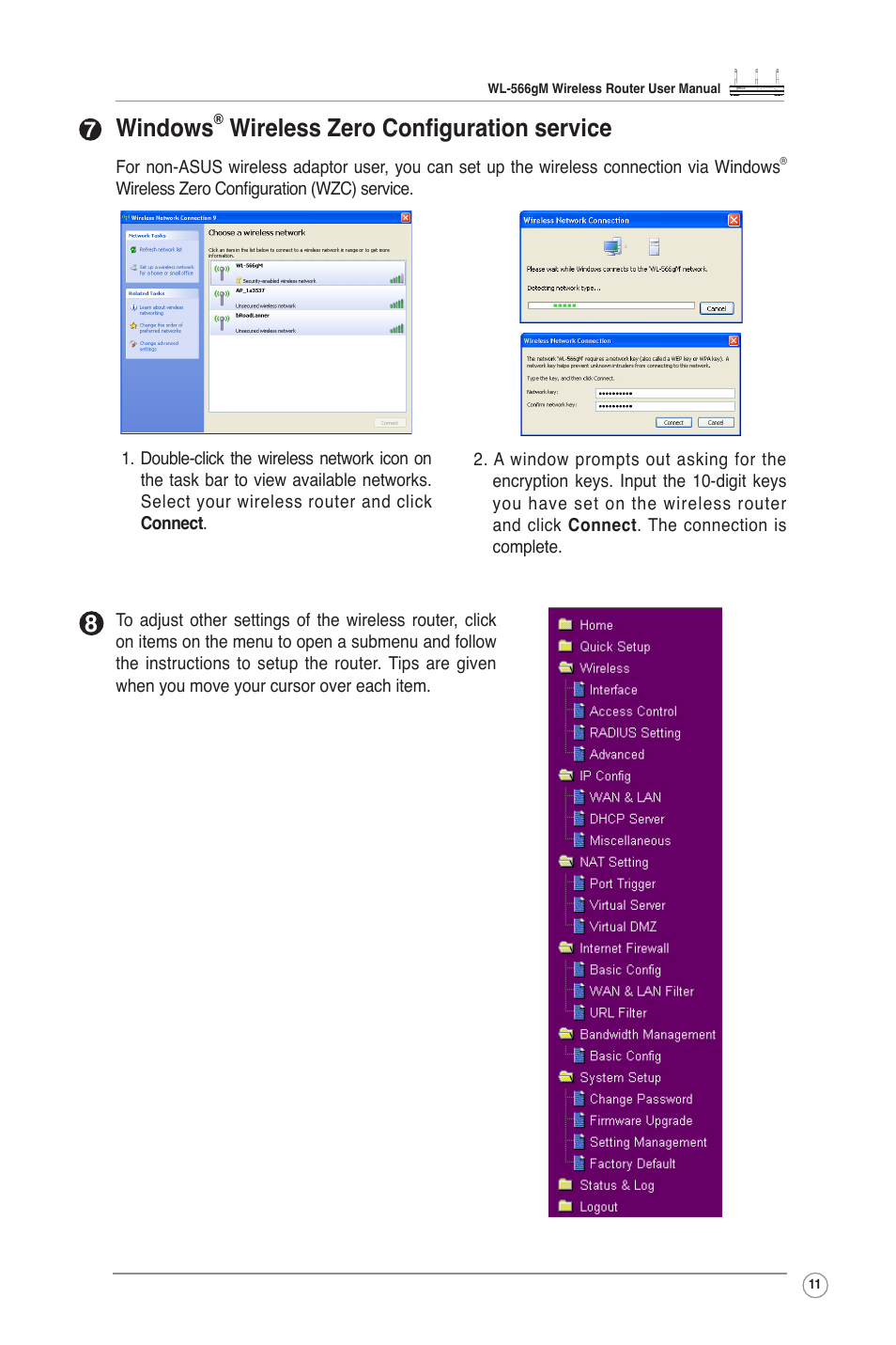 Windows, Wireless zero conﬁguration service | Asus WL-566GM User Manual | Page 11 / 25