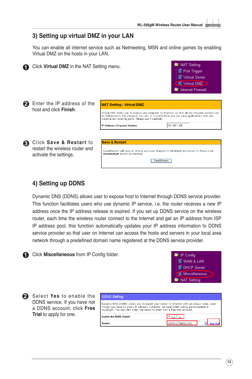 4) setting up ddns, 3) setting up virtual dmz in your lan | Asus WL-566GM User Manual | Page 13 / 25