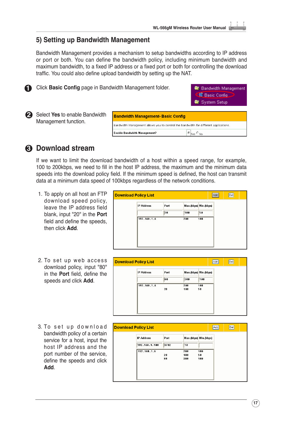 Download stream, 5) setting up bandwidth management | Asus WL-566GM User Manual | Page 17 / 25