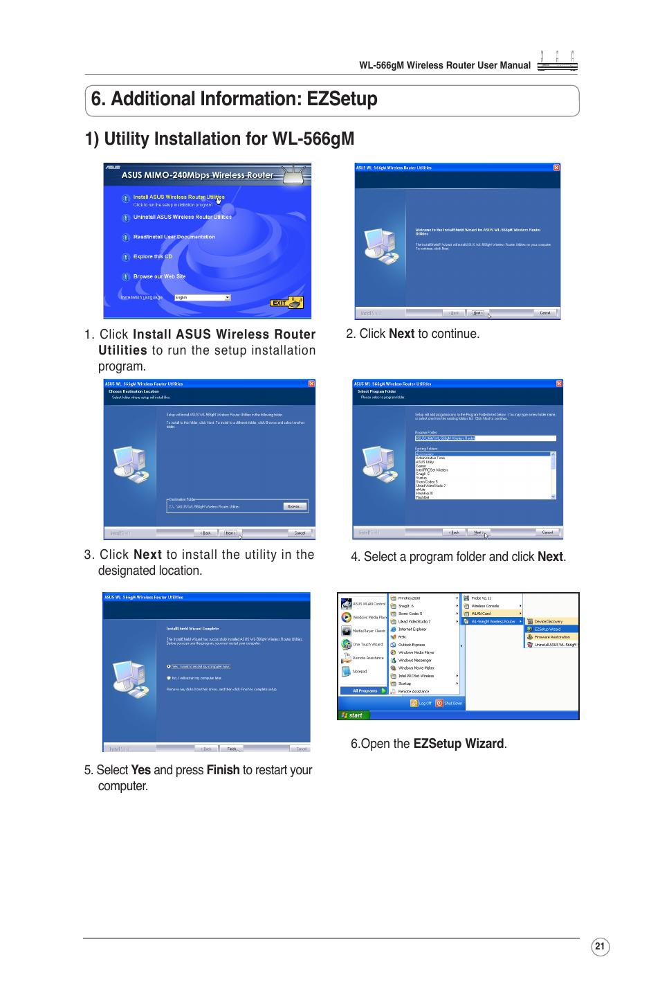 Additional information: ezsetup, 1) utility installation for wl-566gm | Asus WL-566GM User Manual | Page 21 / 25