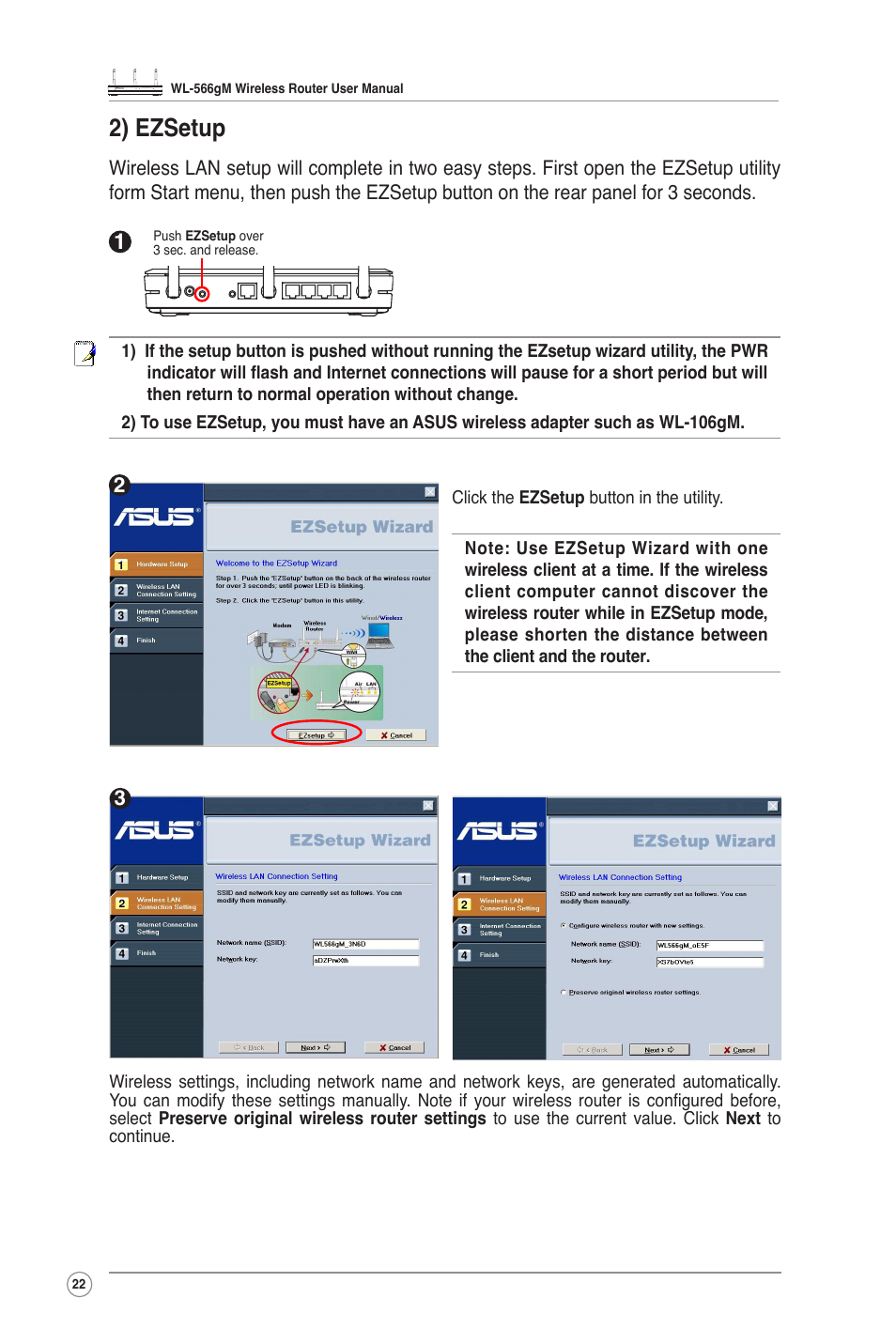 2) ezsetup | Asus WL-566GM User Manual | Page 22 / 25