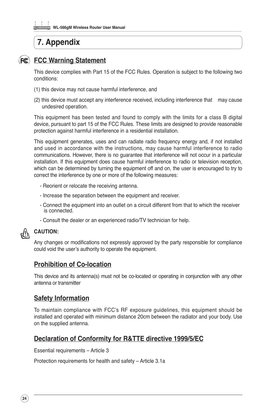 Appendix, Fcc warning statement, Prohibition of co-location | Safety information | Asus WL-566GM User Manual | Page 24 / 25