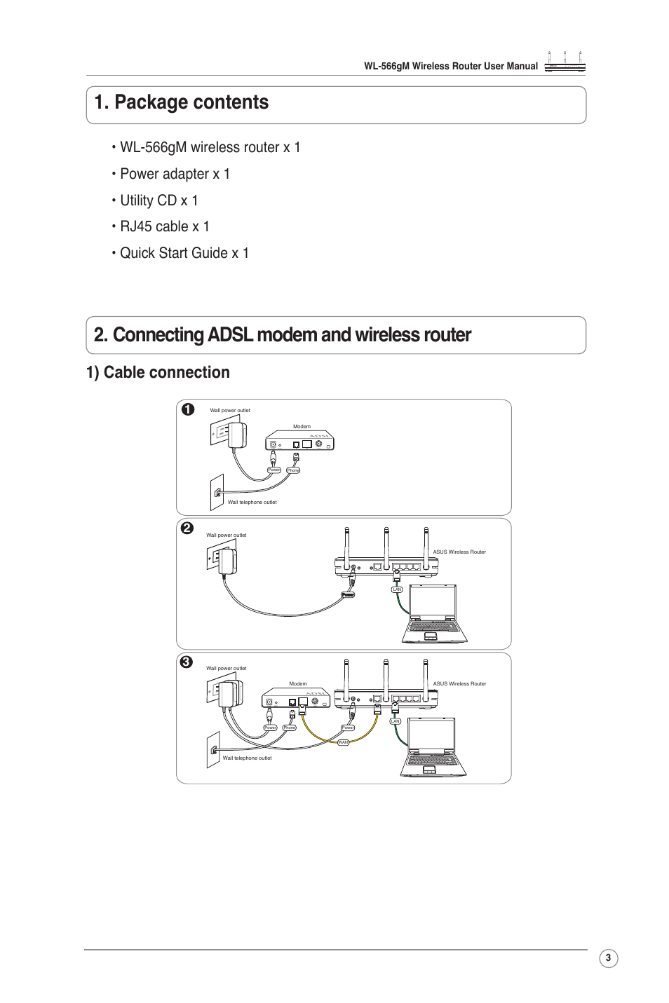 Package contents, Connecting adsl modem and wireless router, 1) cable connection | Asus WL-566GM User Manual | Page 3 / 25