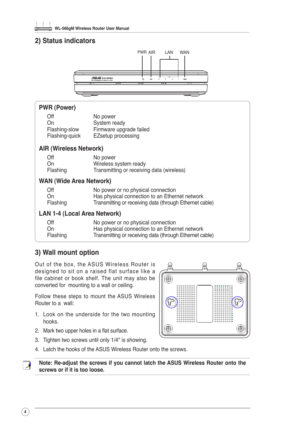 2) status indicators, 3) wall mount option | Asus WL-566GM User Manual | Page 4 / 25