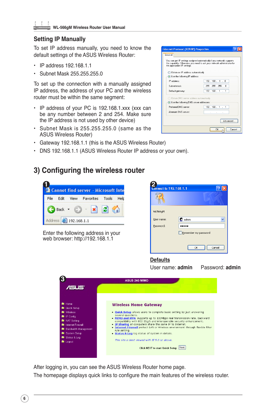 3) conﬁguring the wireless router | Asus WL-566GM User Manual | Page 6 / 25