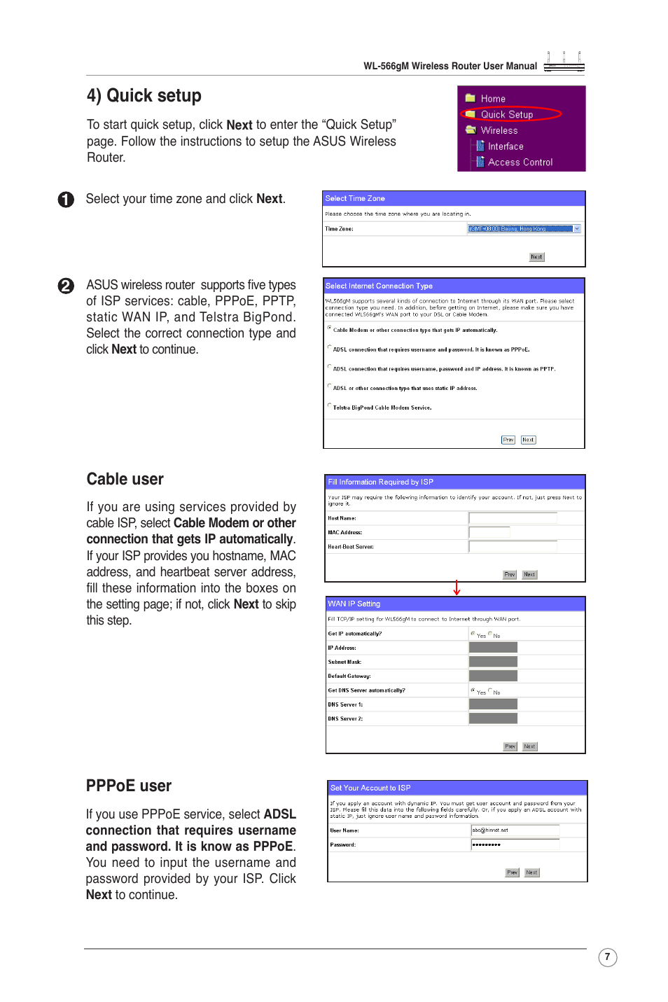 4) quick setup, Cable user, Pppoe user | Asus WL-566GM User Manual | Page 7 / 25