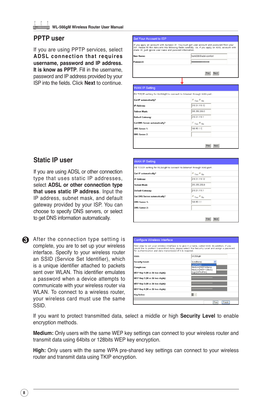 Pptp user, Static ip user | Asus WL-566GM User Manual | Page 8 / 25