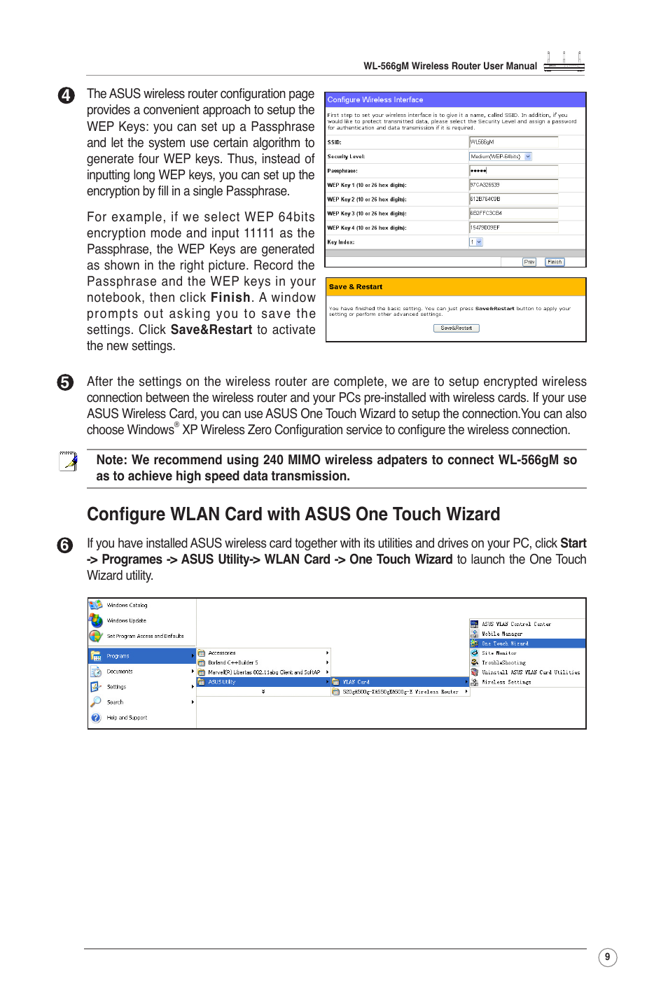 Conﬁgure wlan card with asus one touch wizard | Asus WL-566GM User Manual | Page 9 / 25