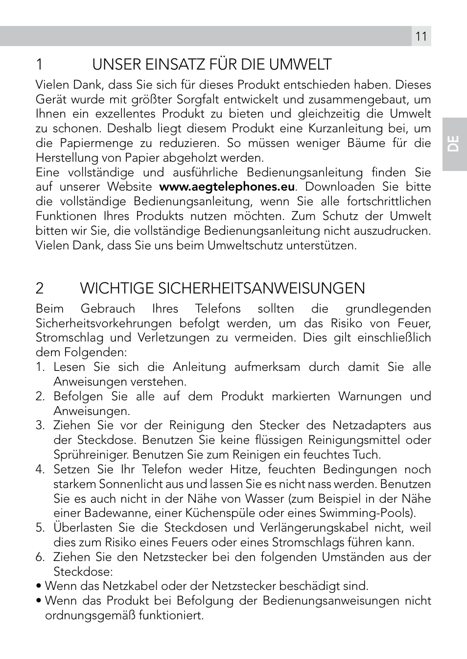 1unser einsatz für die umwelt, 2wichtige sicherheitsanweisungen | AEG Voxtel smart3 User Manual | Page 11 / 80