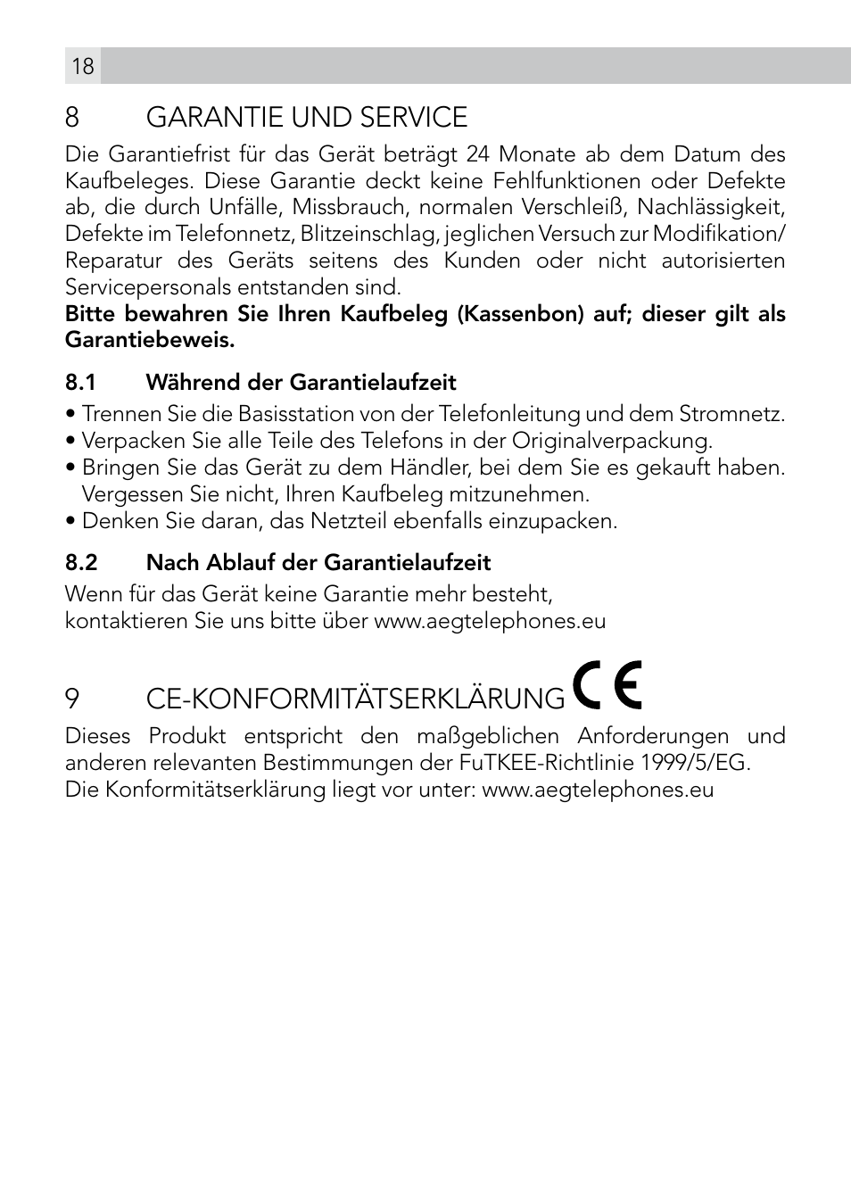 8garantie und service, 9ce-konformitätserklärung | AEG Voxtel smart3 User Manual | Page 18 / 80