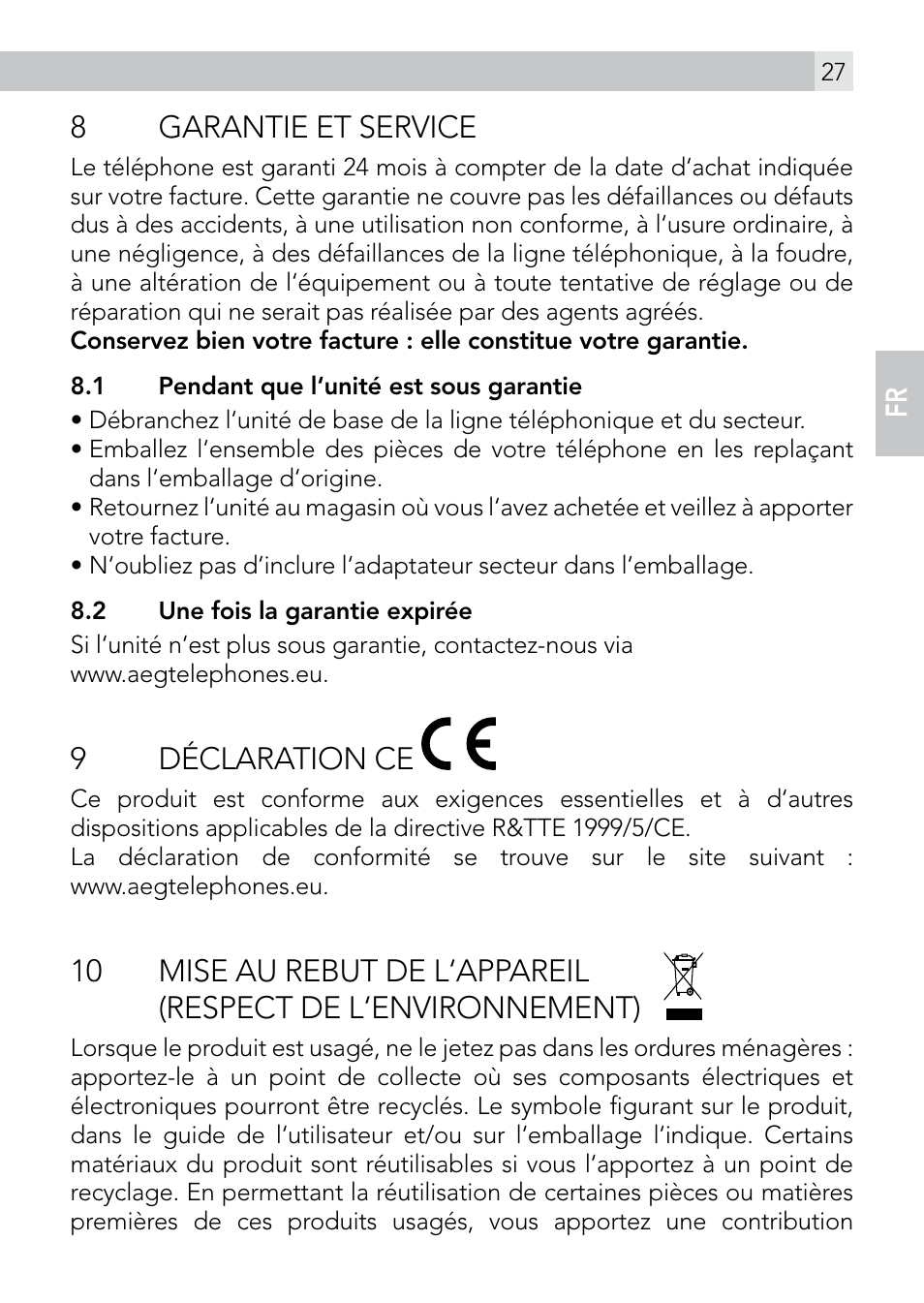 8garantie et service, 9déclaration ce | AEG Voxtel smart3 User Manual | Page 27 / 80