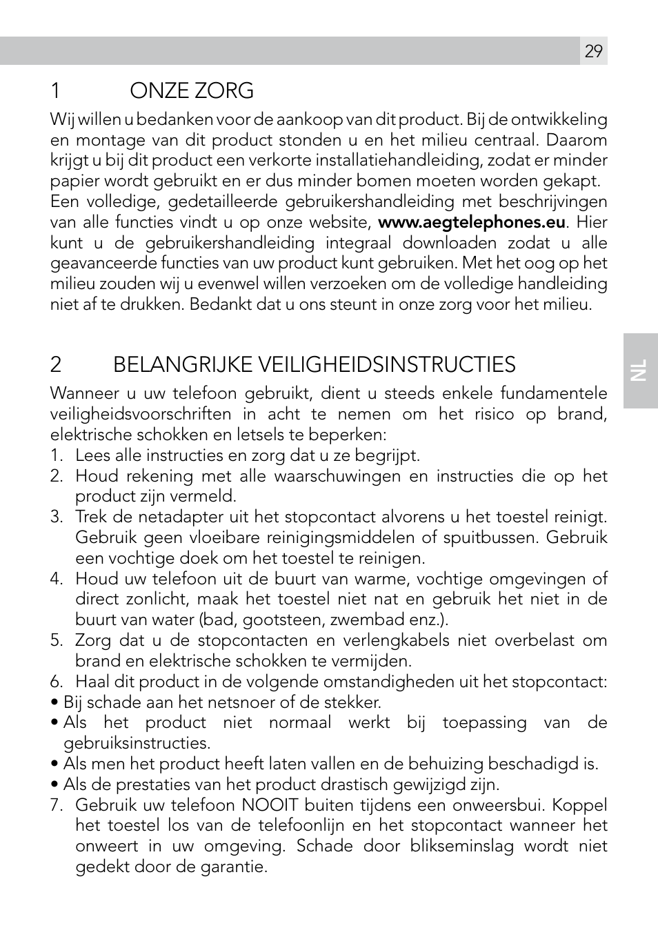 1onze zorg, 2belangrijke veiligheidsinstructies | AEG Voxtel smart3 User Manual | Page 29 / 80