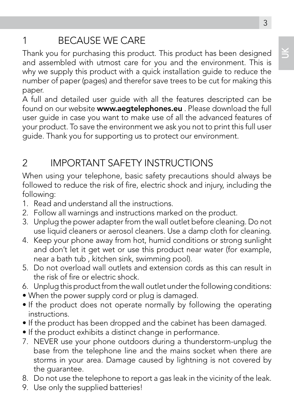 1because we care, 2important safety instructions | AEG Voxtel smart3 User Manual | Page 3 / 80