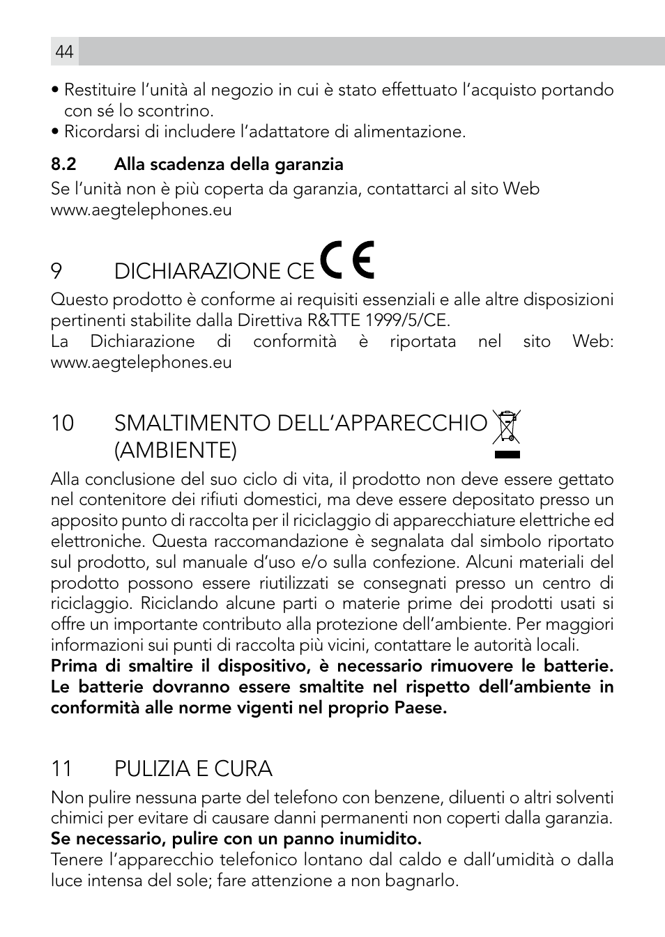9dichiarazione ce, 10 smaltimento dell‘apparecchio (ambiente), 11 pulizia e cura | AEG Voxtel smart3 User Manual | Page 44 / 80