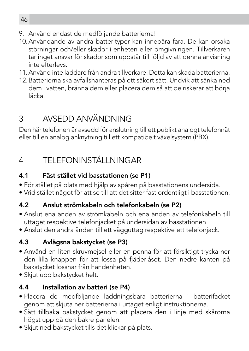 3avsedd användning, 4telefoninställningar | AEG Voxtel smart3 User Manual | Page 46 / 80