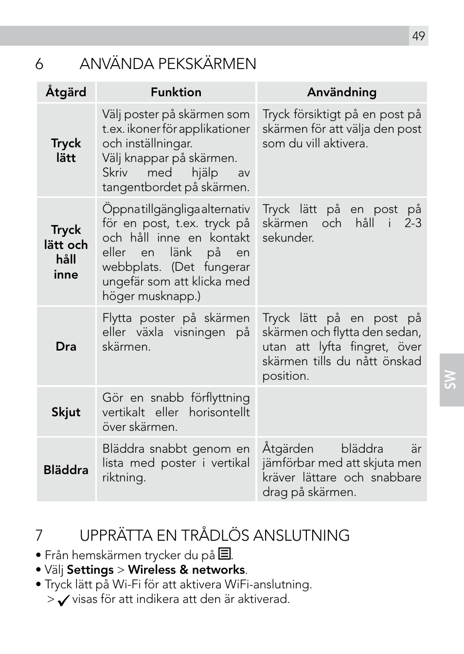 6använda pekskärmen, 7upprätta en trådlös anslutning | AEG Voxtel smart3 User Manual | Page 49 / 80