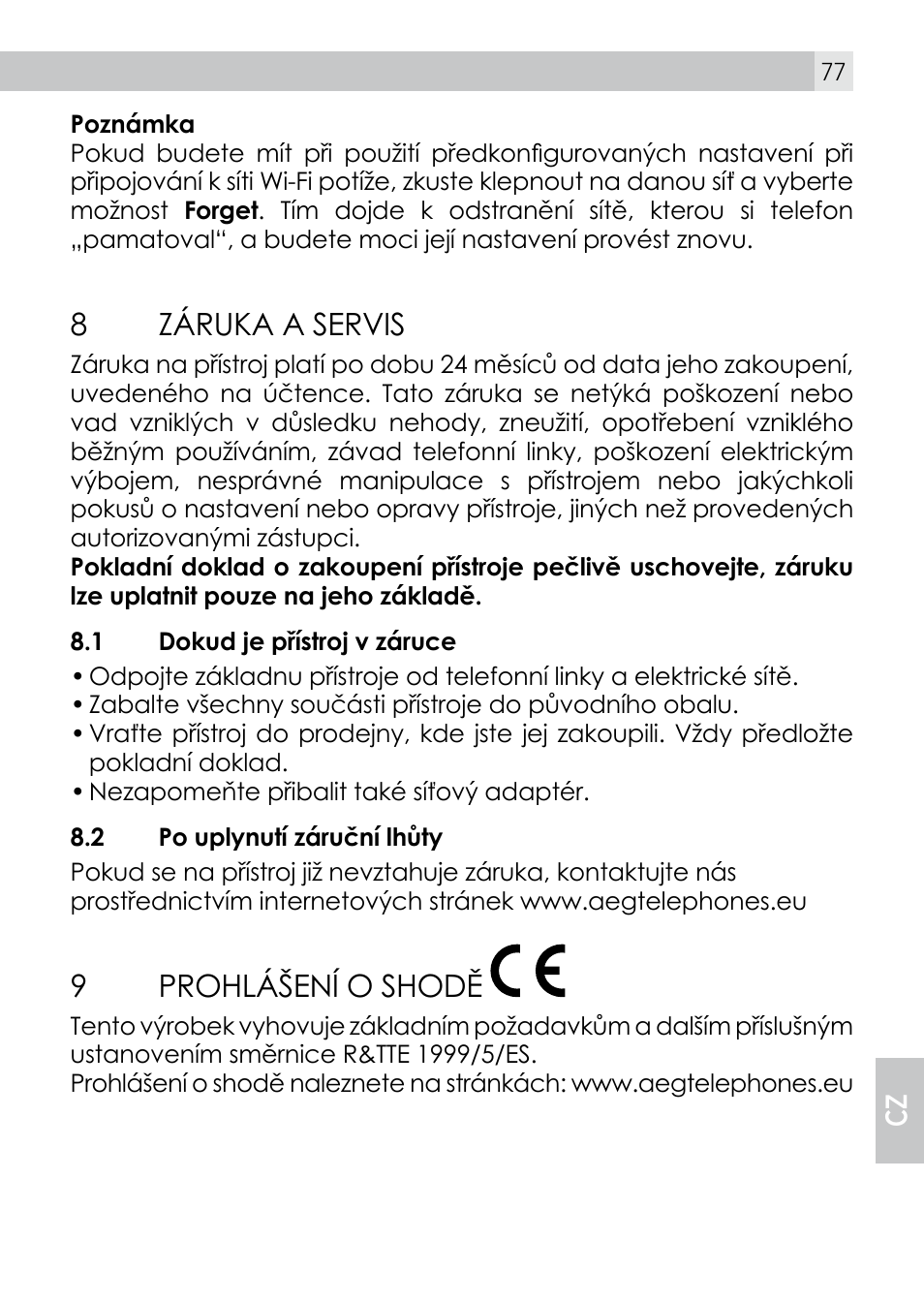 8záruka a servis, 9prohlášení o shodě | AEG Voxtel smart3 User Manual | Page 77 / 80