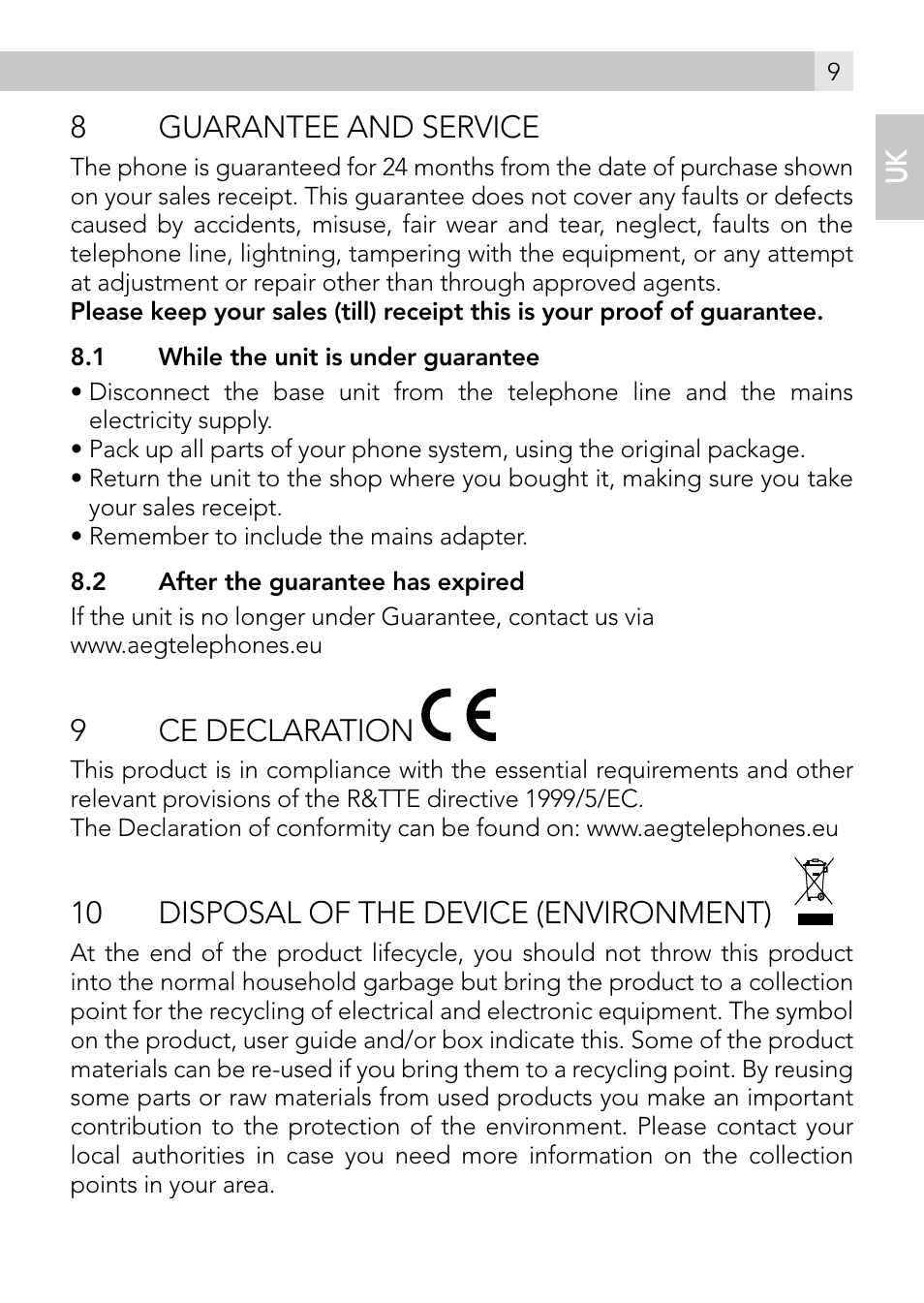 8guarantee and service, 9ce declaration, 10 disposal of the device (environment) | AEG Voxtel smart3 User Manual | Page 9 / 80