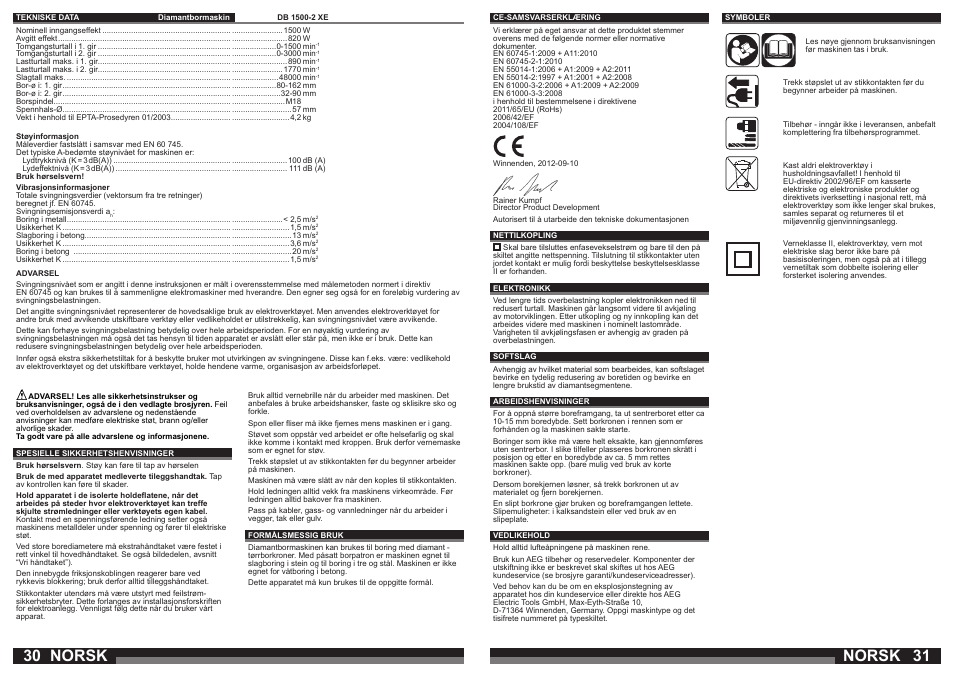Norsk | AEG DB 1500-2 XE User Manual | Page 16 / 35